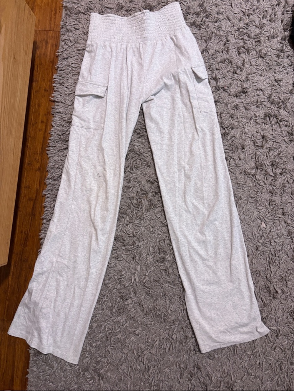 Light Gray Wide-Leg Lounge Pants with Smocked Waist and Cargo Pockets